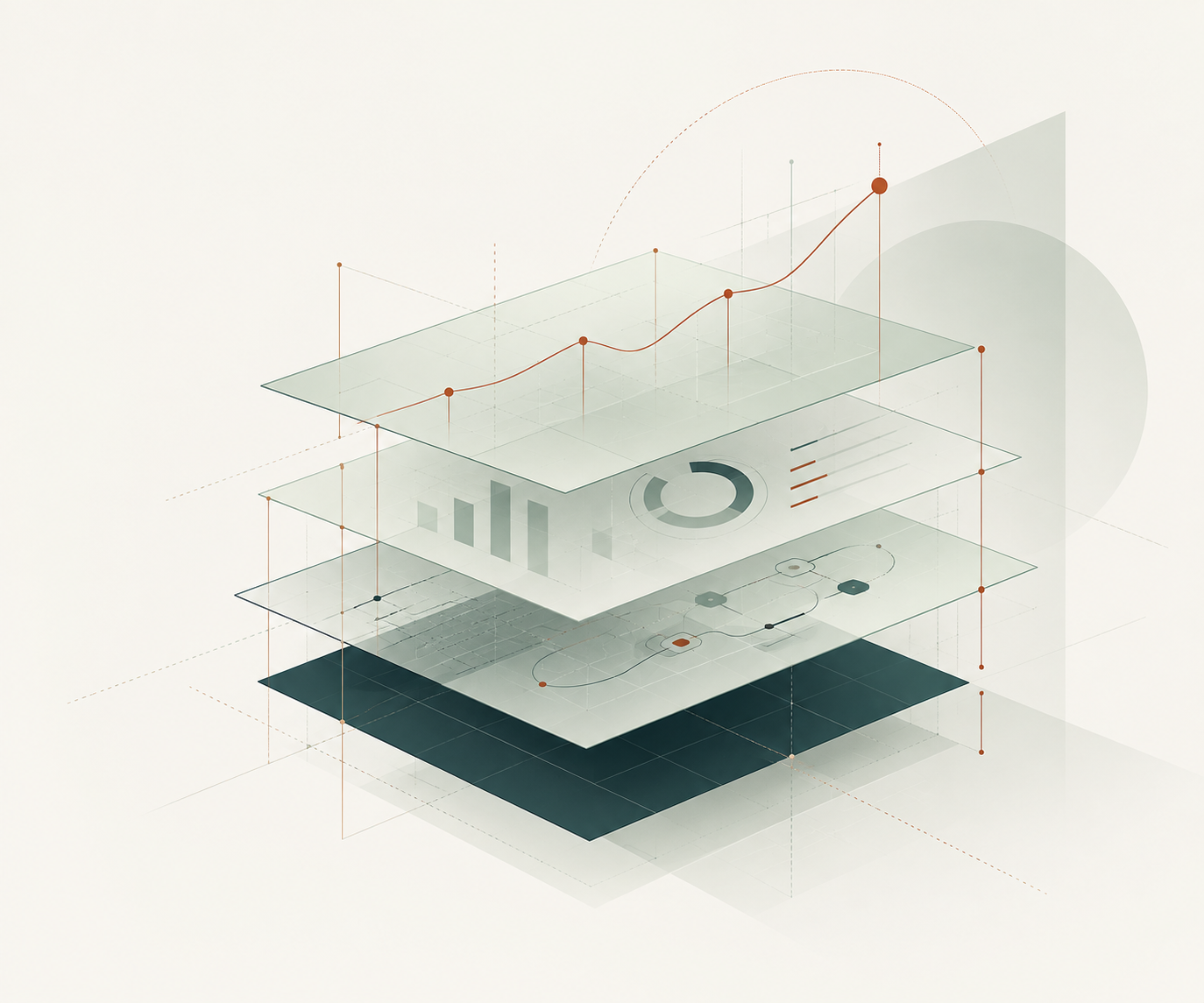 Layered illustration representing connected strategy, operations, data, automation, and technology